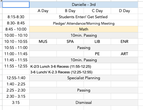 Ms. Danielle's Schedule